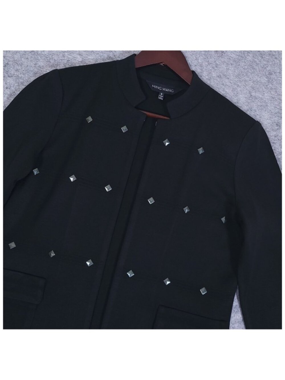 Ming Wang Black Studded Jacket Womens Small Moto Edgy Career Blazer Open Front